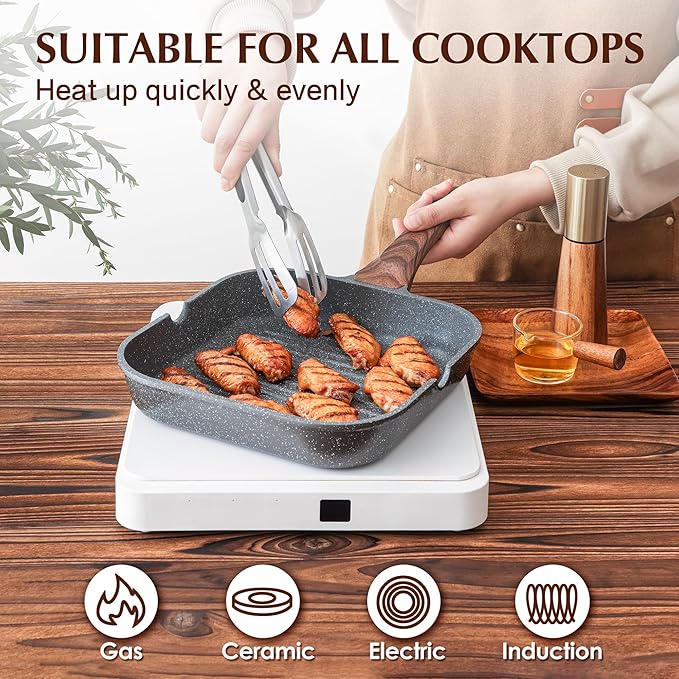 SENSARTE Nonstick Grill Pan with Lid, Grill Pan for Stove Tops, Versatile Griddle with Pour Spouts, Square Big Cooking Surface, Durable Skillet Indoor & Outdoor Grilling. PFOA Free, 12Inch