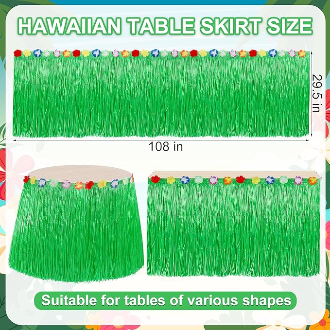 Hawaiian Party Table Decorations, 1PCS Green Luau Party Table Skirt Decorations, 108 X 29.5" Grass Skirts Luau Party Favors, Luau Table Skirt for Summer Tropical Hula Parties Decor Accessories