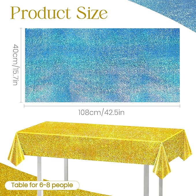 Just Shimmer Sparkling Holographic Laser Tablecloth - Shimmering, Waterproof, Easy to Clean - Ideal for Bachelorette, Birthday, Wedding, and Anniversary Party Decorations (Light Blue & Gold, 2)