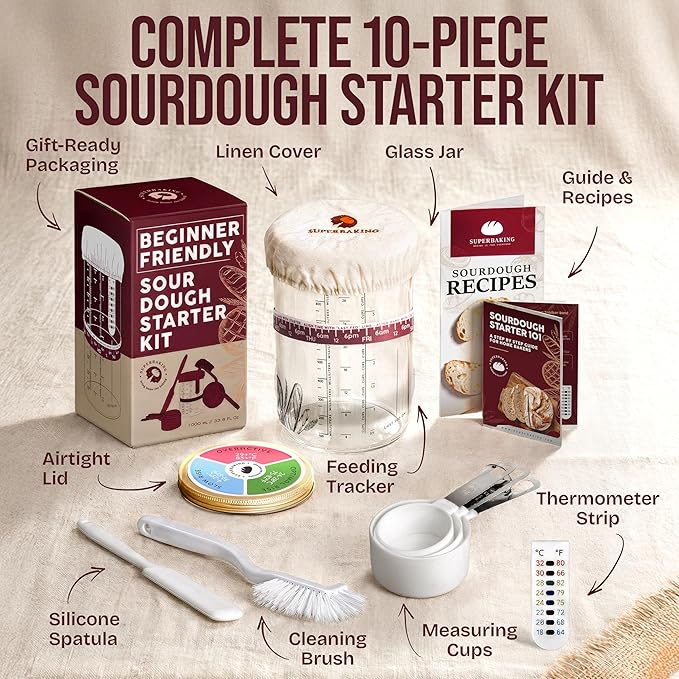 Superbaking Sourdough Starter Jar, Beginner Sourdough Starter Kit, 34oz Wide Mouth Sour Dough Glass Jar with Guides & Recipes, Sourdough Bread Baking Supplies, Sourdough Container Crock