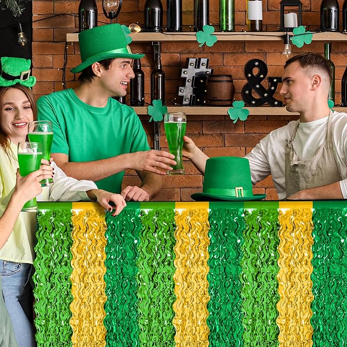 2 Pack St Patricks Day Table Skirts Decorations, Green Gold Saint PatricksTable Skirt, 29.5 x 108" Irish Decor, Metallic Wavy Tinsel Fringe Foil Grass Table Skirt for Party Event Parade Float Decor