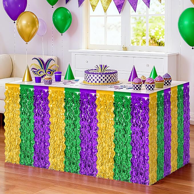 2 Pack Mardi Gras Decorations, 29.5 × 108 Inches Green Purple Gold Fringe Mardi Gras Table Skirt, Metallic Wavy Tinsel Foil Grass Table Skirt for Carnival Party Parade Decor