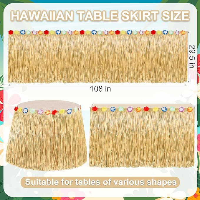 Luau Party Decorations, Natural Hawaiian Grass Table Skirt, Flower 108 X 29.5" Grass Skirts Tropical Luau Party Favors, Table Skirt for Luau Summer Tropical Indoor Outdoor Parties Decor Accessories