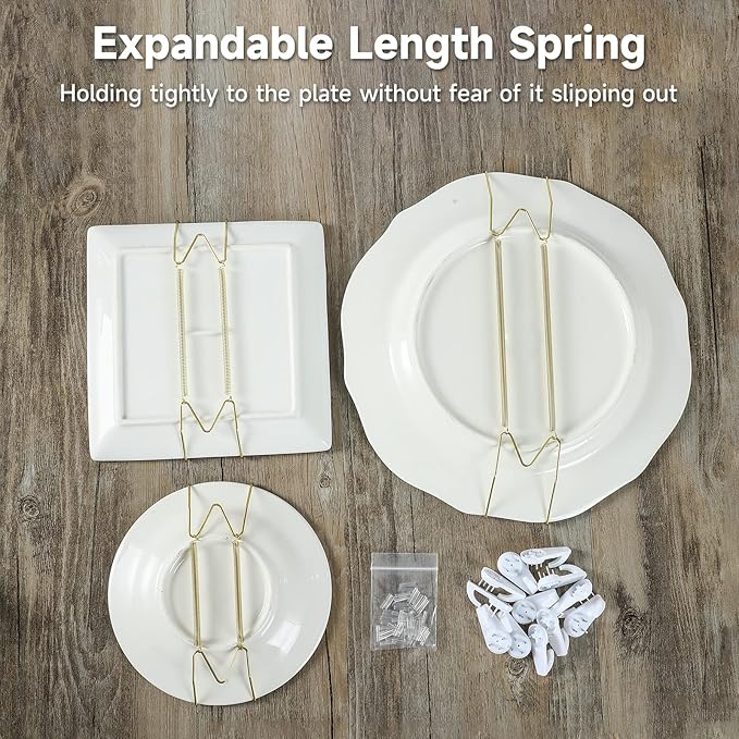 10 Piece Plate Hangers, 10 Inch Invisible Brass Wall Plate Hangers, Comes with 12 Piece Wall Hooks for Decorative Plates