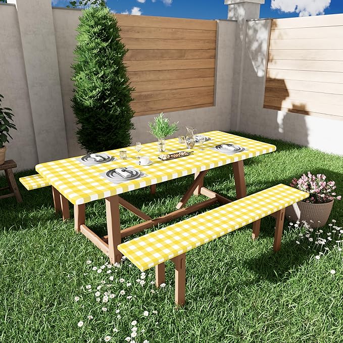 Smiry Picnic Table Cloth 2 Pack, Waterproof Elastic Fitted Tablecloths for 4FT Rectangle Tables, Washable Polyester Buffalo Plaid Tablecloth for Camping, Dining & Outdoor (Yellow & White, 30" x 48")