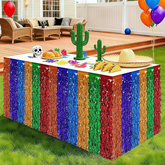 Cinco De Mayo Decorations, 2 Pack Fiesta Table Skirts Supplies for Fiesta Party Decorations, Mexican Theme Metallic Wavy Tinsel Foil Fringe Table Skirts for Photo Booth Props Birthday Table Decor