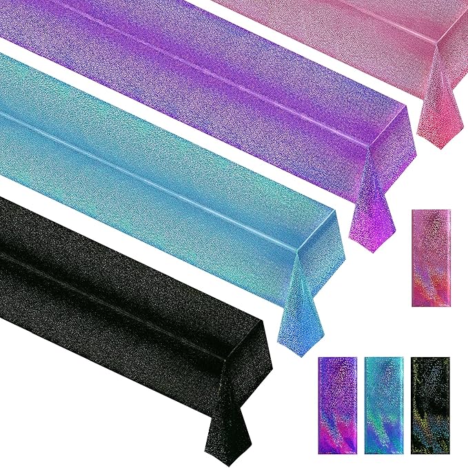 Pink & Purple & Blue & Black Holographic Tablecloth, 40" x 108", Valentine's Day & Birthday Party Decor, Iridescent Plastic Table Cloth for Halloween & Baby Showers