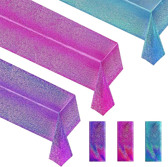 Purple & Blue & Fuchsia Red Holographic Tablecloth 40" x 108" Party Decoration Valentine's Day Birthday Party Table Decor Iridescence Plastic Table Cloth for Halloween Bachelorette Supplies