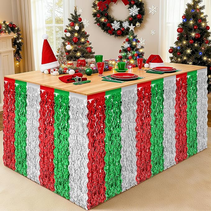 Christmas Table Skirt, 2 Pack Red Silver Green Desk Skirts Party Decorations, Metallic Xmas Wavy Tinsel Foil Fringe Table Skirts, Foil Table Skirt for Indoor Christmas Party Backdrop