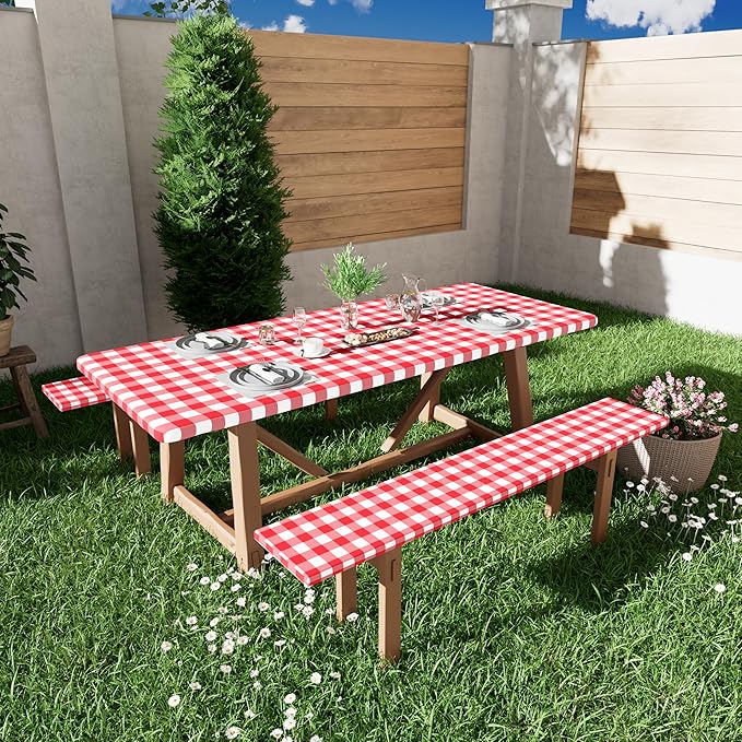 Smiry Picnic Table Cloth 2 Pack, Waterproof Elastic Fitted Tablecloths for 8FT Rectangle Tables, Washable Polyester Buffalo Plaid Tablecloth for Camping, Dining & Christmas(Red & White, 30" x 96")