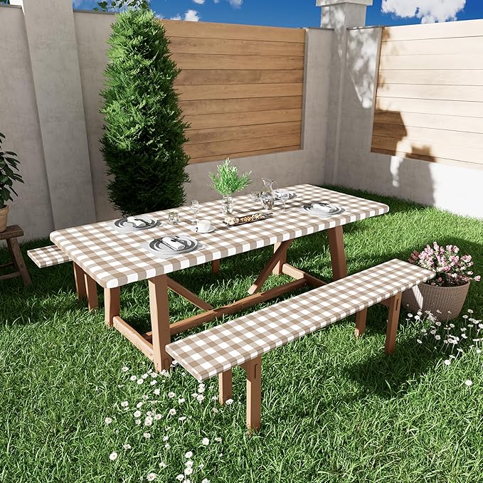 Smiry Picnic Table Cloth 2 Pack, Waterproof Elastic Fitted Tablecloths for 8FT Rectangle Tables, Washable Polyester Buffalo Plaid Tablecloth for Camping, Dining & Outdoor (Khaki & White, 30" x 96")
