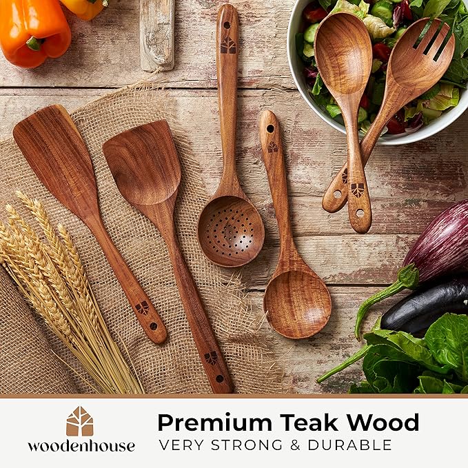 Wooden Spoons for Cooking – Wooden Kitchen Utensils Set, Multipack Teak Wood Utensil Set – Comfortable Grip Non–Stick Wooden Cooking Utensils