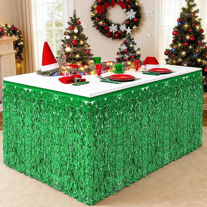 2 Pack Green Table Skirt, St Patrick's Day Foil Grass Table Skirt, Metallic Wavy Tinsel Foil Fringe Table Skirts, Table Skirts for Irish Holiday Saint Patrick Wedding Birthday Valentines Party