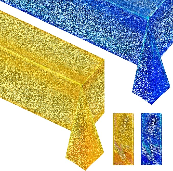 Just Shimmer Sparkling Holographic Laser Tablecloth - Shimmering, Waterproof, Easy to Clean - Ideal for Bachelorette, Birthday, Wedding, and Anniversary Party Decorations (Dark Blue & Gold, 2)